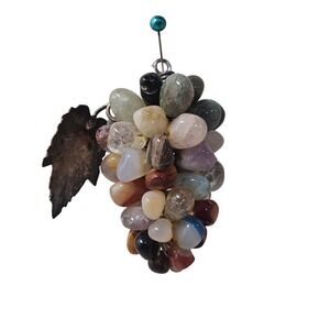 Gemstone Grape Cluster Ornament Pendant Hanging Art Vintage Metal Leaf‎